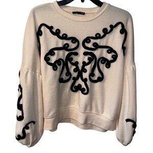 ZARA Sweatshirt Black Ribbon Toggles Cream Womens Sz S oversized Bloggers Fave